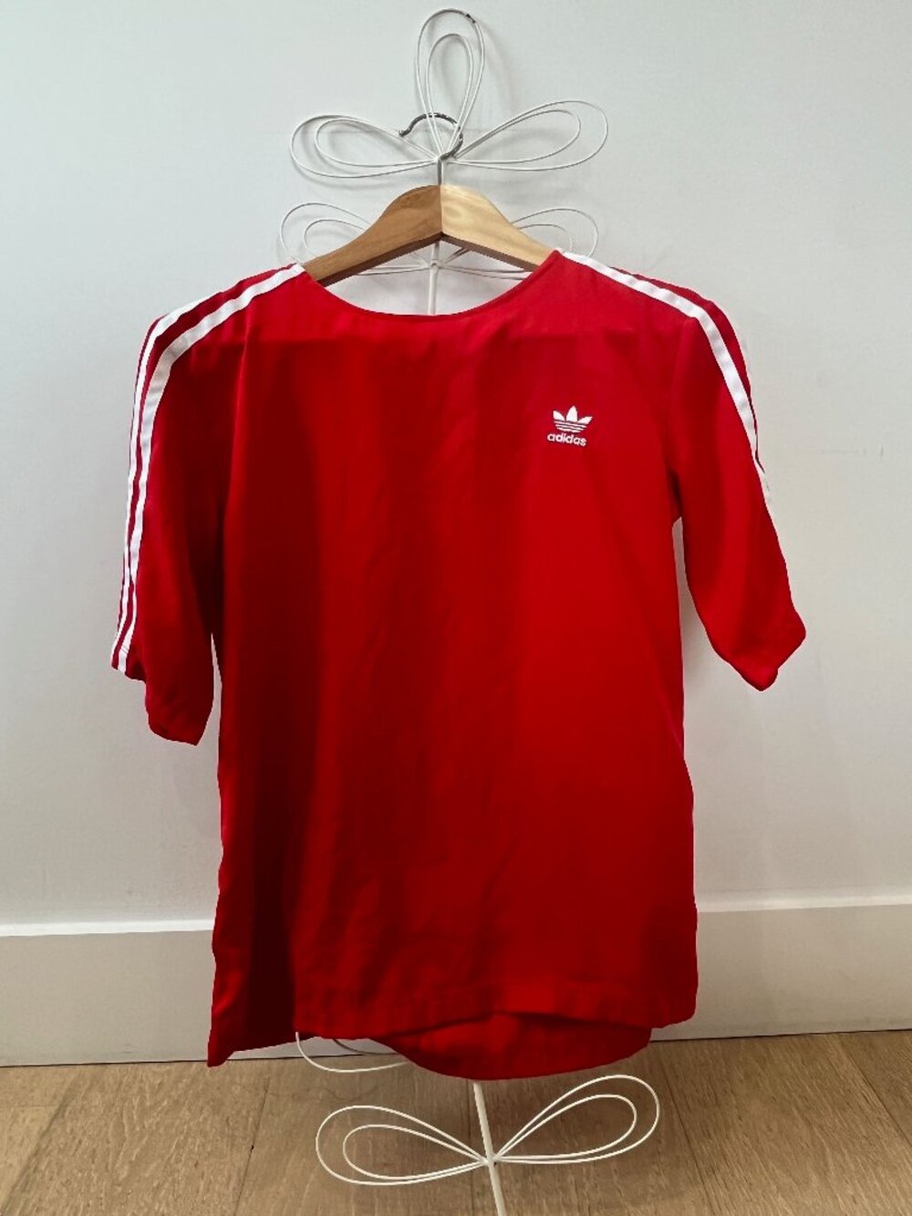 Red Adidas Trefoil Striped Silky Short Sleeve Top